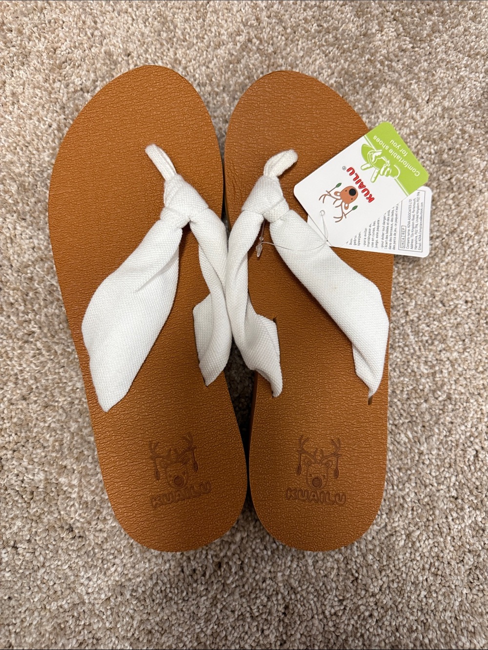 Kuailu White Knot-Top Flip Flops on Tan Footbed size 9